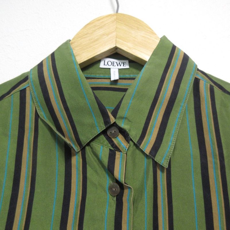 Loewe 100% Silk Striped Pattern Long Sleeves Long Shirt Size 36 Green Women's