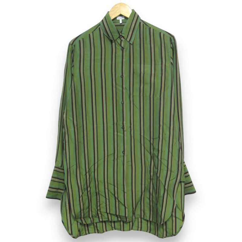Loewe 100% Silk Striped Pattern Long Sleeves Long Shirt Size 36 Green Women's