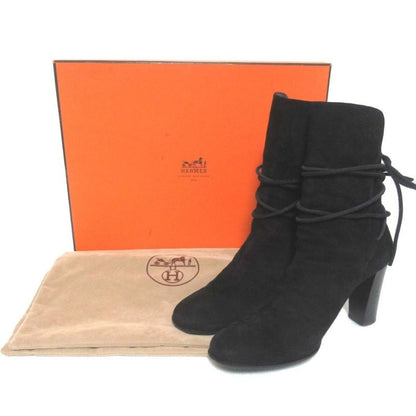 Hermes Suede Leather Chunky Heel High Heel Short Boots Size 35.5 Equivalent To