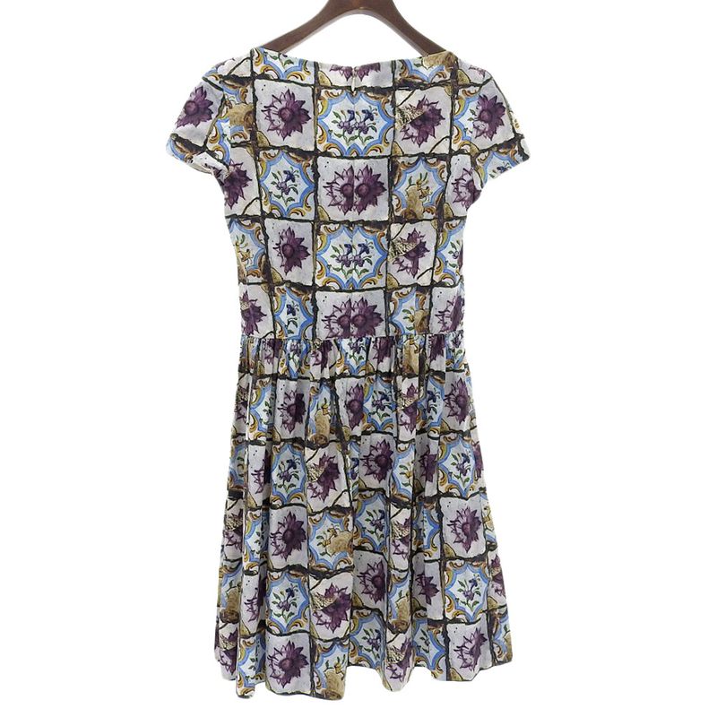 Prada Cotton Flower Art Short Sleeve Dress Back Zipper 38S White Blue Multicolor