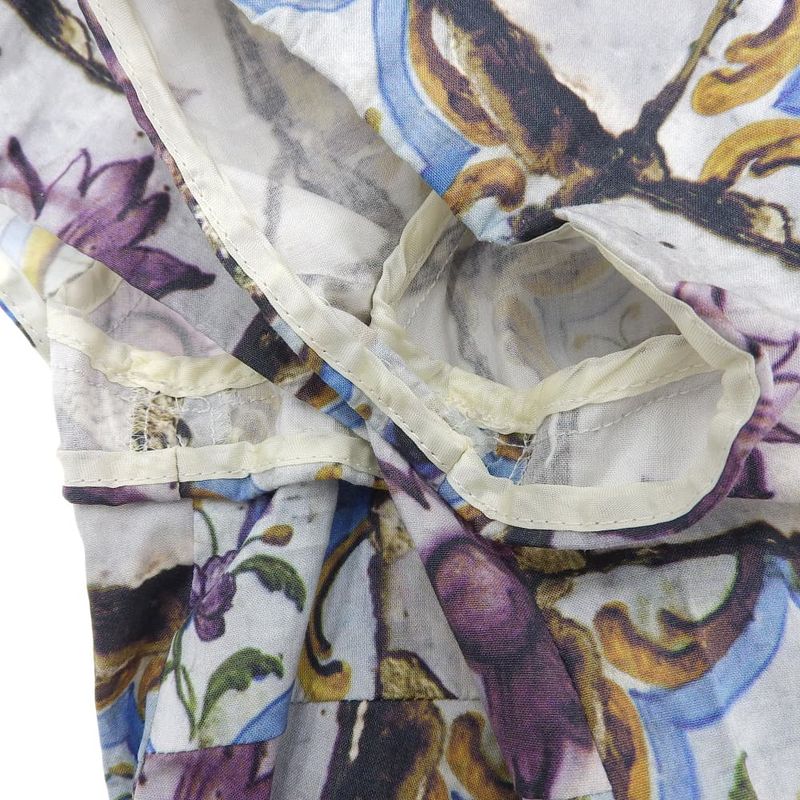 Prada Cotton Flower Art Short Sleeve Dress Back Zipper 38S White Blue Multicolor