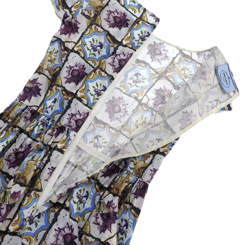 Prada Cotton Flower Art Short Sleeve Dress Back Zipper 38S White Blue Multicolor
