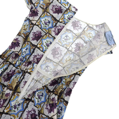 Prada Cotton Flower Art Short Sleeve Dress Back Zipper 38S White Blue Multicolor