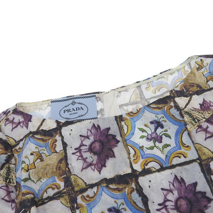 Prada Cotton Flower Art Short Sleeve Dress Back Zipper 38S White Blue Multicolor