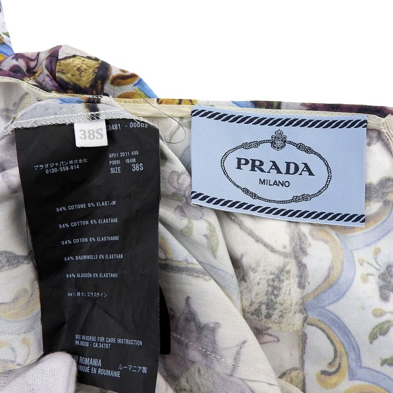 Prada Cotton Flower Art Short Sleeve Dress Back Zipper 38S White Blue Multicolor