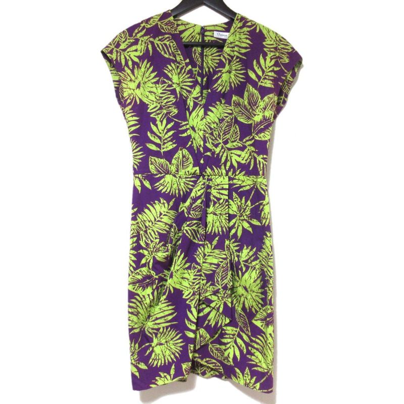 Christian DIOR Botanical Pattern Above-knee Length French Sleeve V-neck Dress