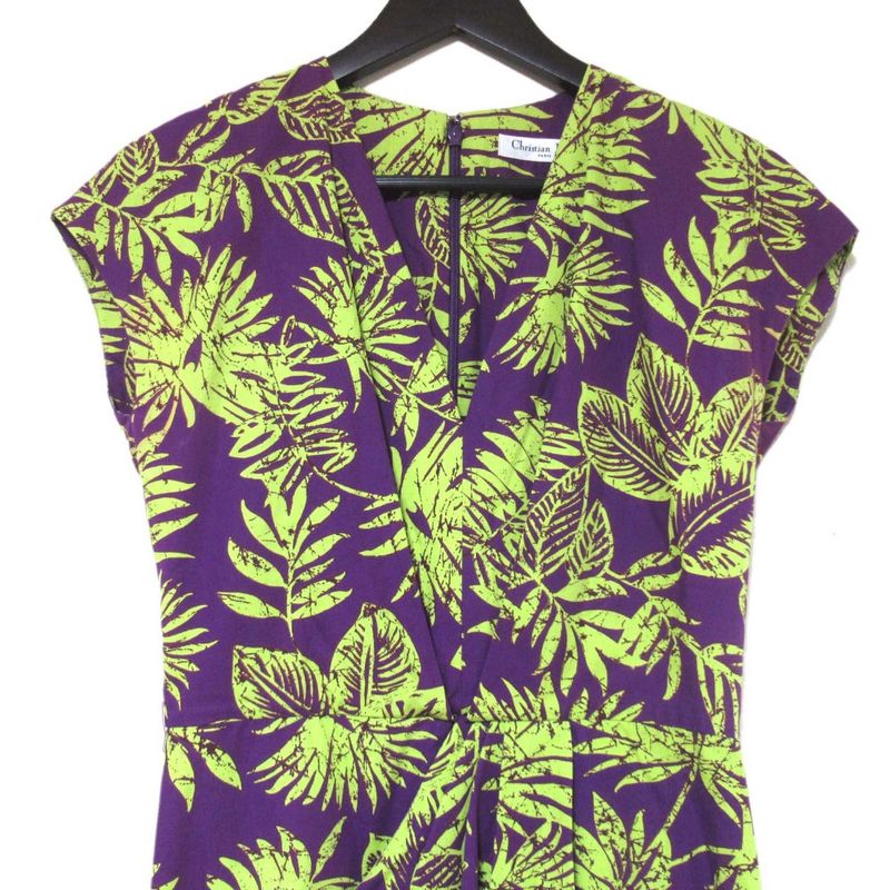 Christian DIOR Botanical Pattern Above-knee Length French Sleeve V-neck Dress