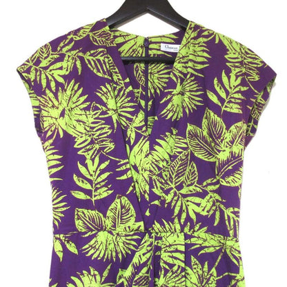 Christian DIOR Botanical Pattern Above-knee Length French Sleeve V-neck Dress