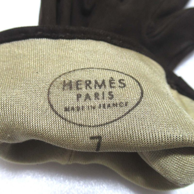 Hermes Chaine D'ancre Leather Women's Gloves Size 7 Dark Brown and Silver