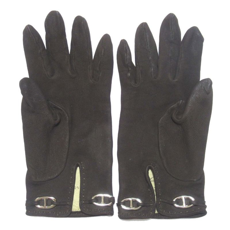 Hermes Chaine D'ancre Leather Women's Gloves Size 7 Dark Brown and Silver