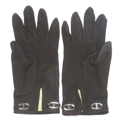 Hermes Chaine D'ancre Leather Women's Gloves Size 7 Dark Brown and Silver