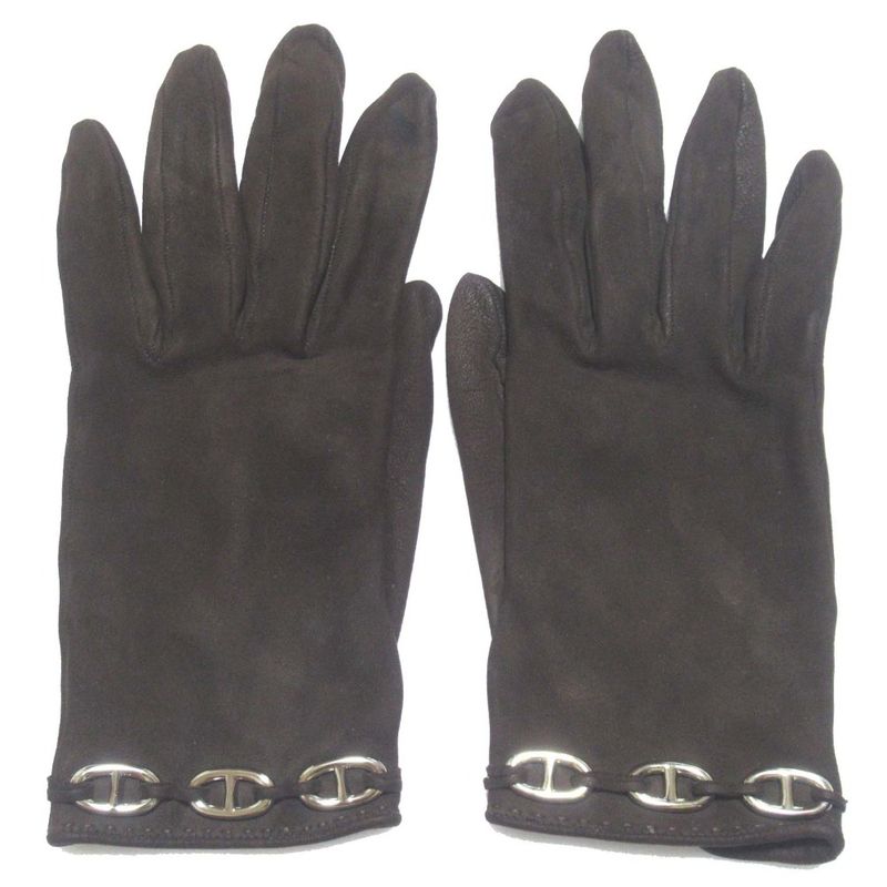 Hermes Chaine D'ancre Leather Women's Gloves Size 7 Dark Brown and Silver