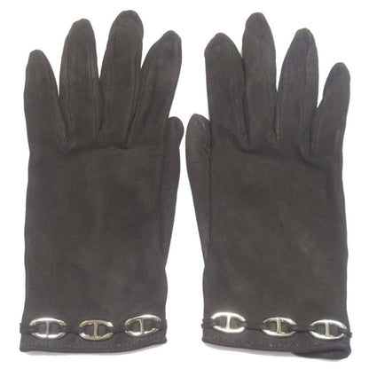 Hermes Chaine D'ancre Leather Women's Gloves Size 7 Dark Brown and Silver