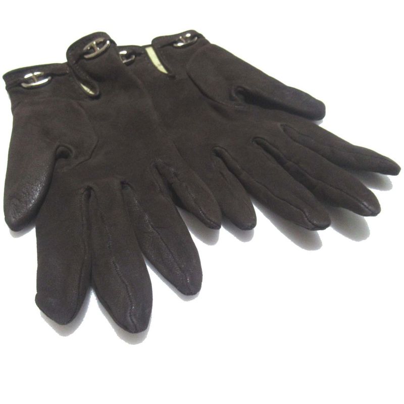 Hermes Chaine D'ancre Leather Women's Gloves Size 7 Dark Brown and Silver