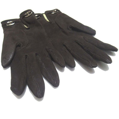 Hermes Chaine D'ancre Leather Women's Gloves Size 7 Dark Brown and Silver