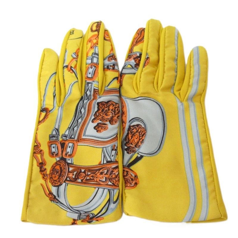 Hermes Twill Raine Silk Lambskin Gloves 7 Yellow X Multicolor Women's Used