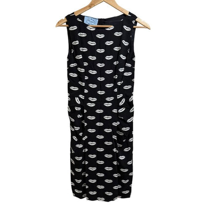 Prada Lip Print Knee Length Sleeveless Dress 38s Black Women's Used