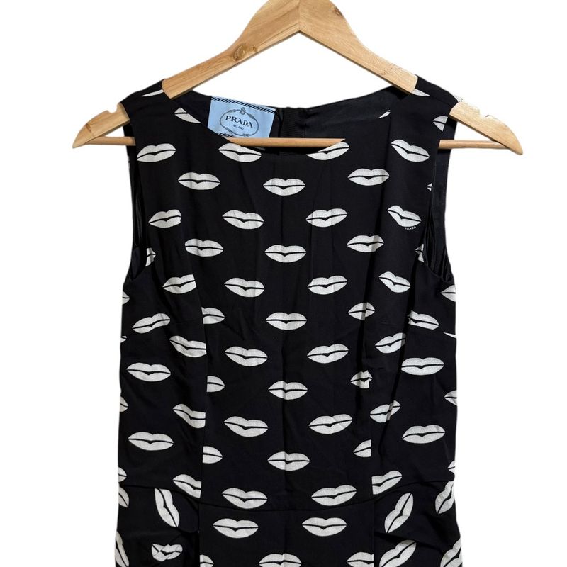 Prada Lip Print Knee Length Sleeveless Dress 38s Black Women's Used