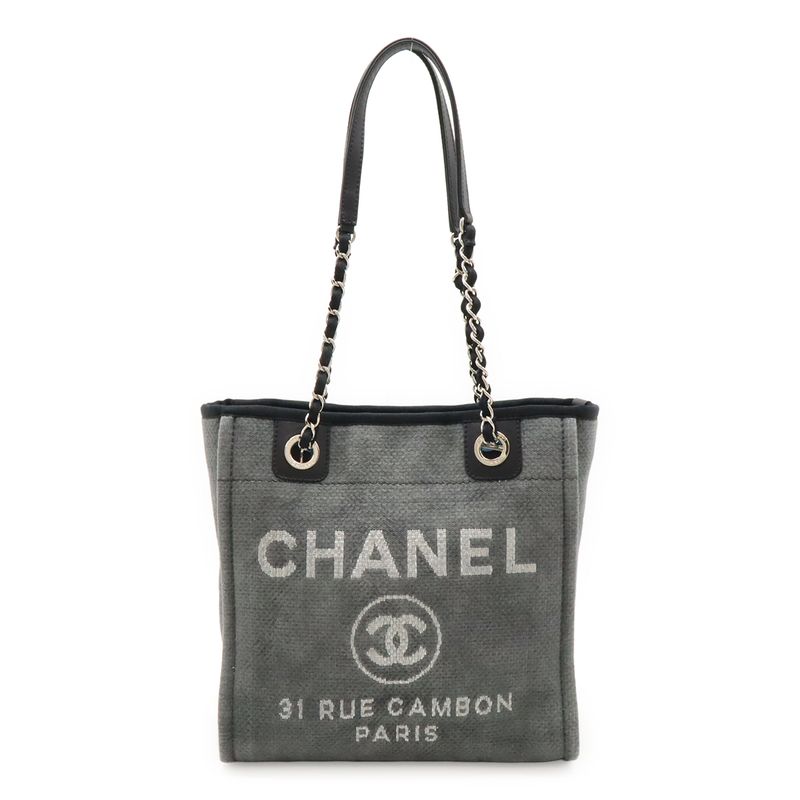 Chanel Deauville Tote Shoulder Bag Chain Shoulder Canvas Leather Grayish Black