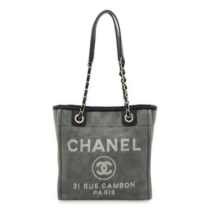 Chanel Deauville Tote Shoulder Bag Chain Shoulder Canvas Leather Grayish Black