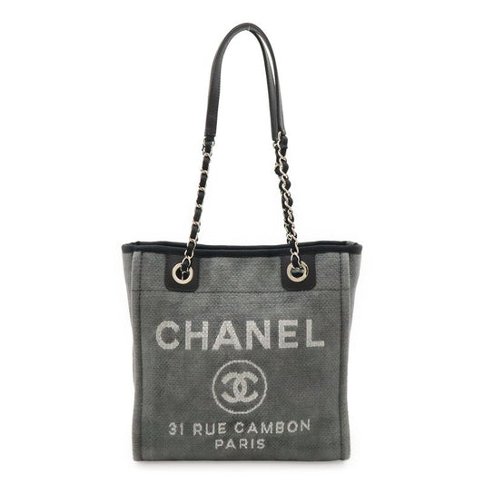Chanel Deauville Tote Shoulder Bag Chain Shoulder Canvas Leather Grayish Black