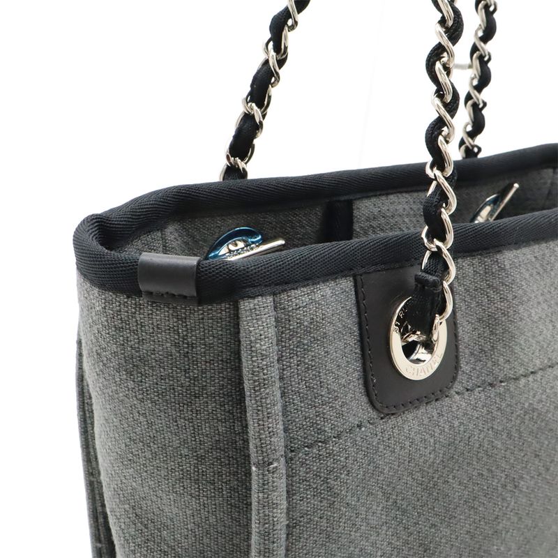 Chanel Deauville Tote Shoulder Bag Chain Shoulder Canvas Leather Grayish Black