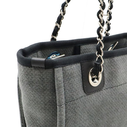 Chanel Deauville Tote Shoulder Bag Chain Shoulder Canvas Leather Grayish Black