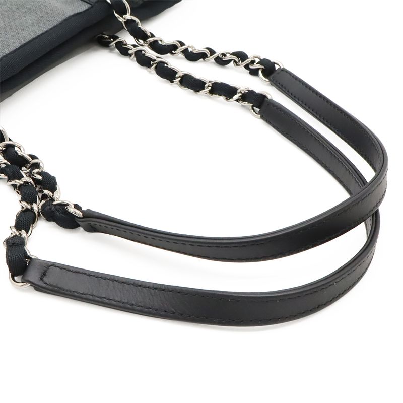 Chanel Deauville Tote Shoulder Bag Chain Shoulder Canvas Leather Grayish Black