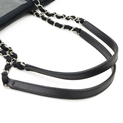Chanel Deauville Tote Shoulder Bag Chain Shoulder Canvas Leather Grayish Black