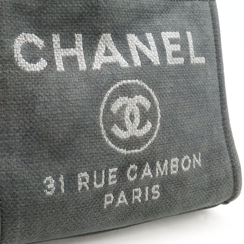 Chanel Deauville Tote Shoulder Bag Chain Shoulder Canvas Leather Grayish Black