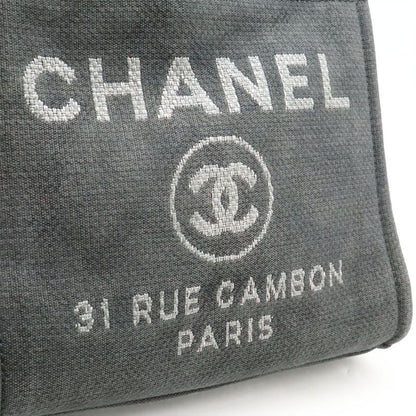 Chanel Deauville Tote Shoulder Bag Chain Shoulder Canvas Leather Grayish Black