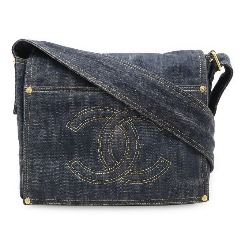 Chanel Spark Ring Denim Coco Mark Shoulder Bag Messenger Bag Indigo Blue Gold