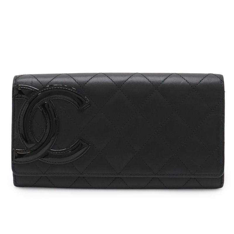 Chanel Cambon Line Coco Long Bifold Wallet Soft Calf Leather Enamel Black Pink