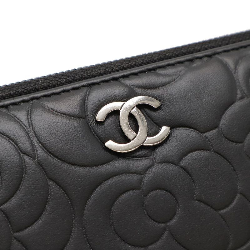 Chanel Camellia Coco Mark Zip Wallet Round Zipper Long Wallet Lambskin Leather