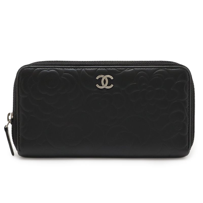 Chanel Camellia Coco Mark Zip Wallet Round Zipper Long Wallet Lambskin Leather
