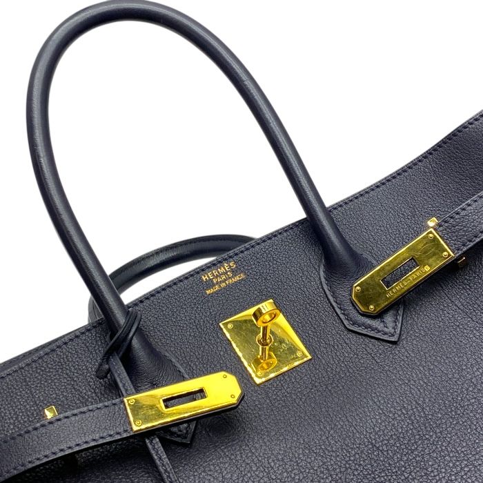 Hermes Birkin 35 Tote Handbag Gold Dark Navy Indigo Togo Leather B Engraved