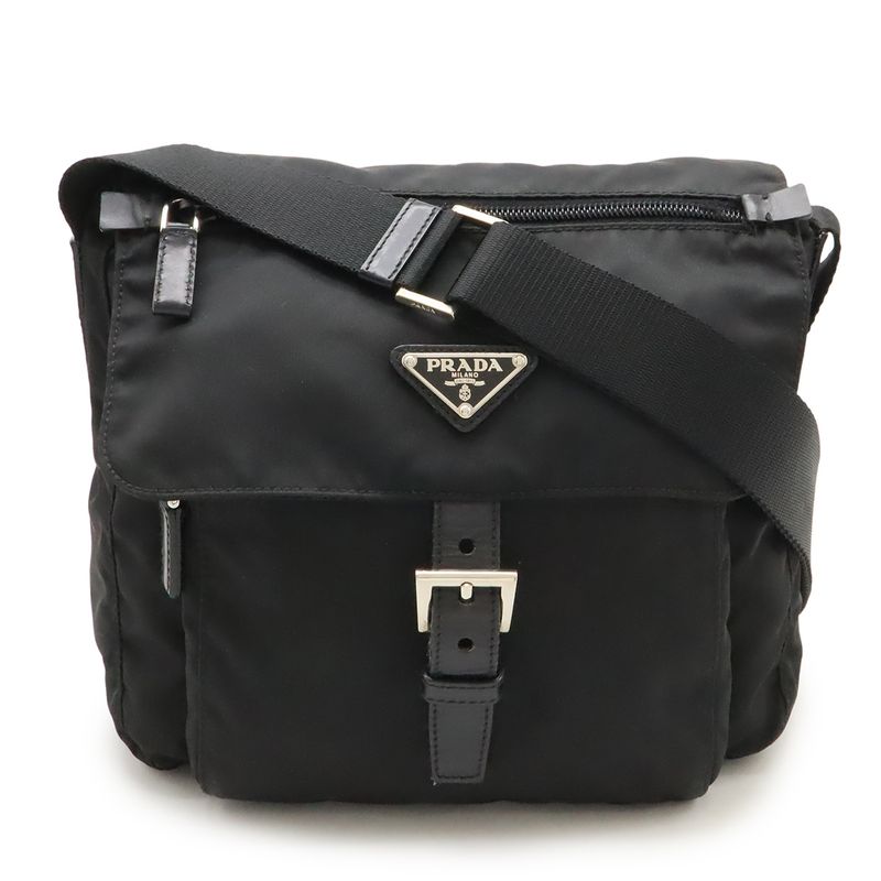 Prada Triangle Logo Shoulder Bag Crossbody Nylon Leather NERO Black Silver