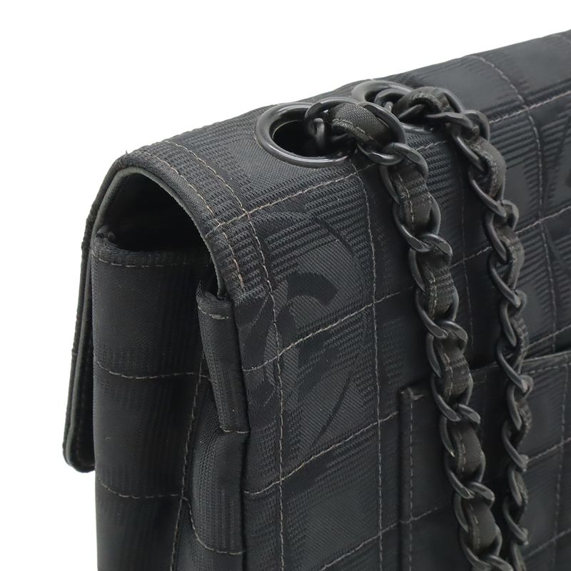 Chanel New Travel Line Chain Bag Shoulder Bag 2WAY Nylon Jacquard Leather Black