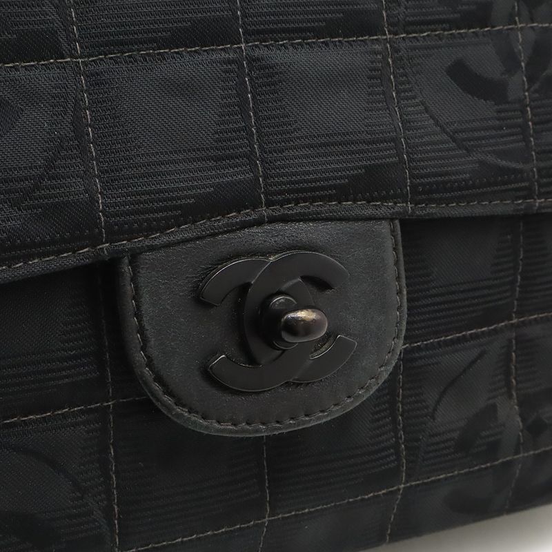 Chanel New Travel Line Chain Bag Shoulder Bag 2WAY Nylon Jacquard Leather Black