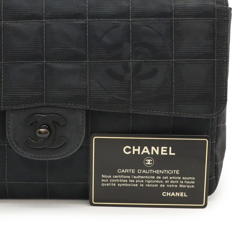 Chanel New Travel Line Chain Bag Shoulder Bag 2WAY Nylon Jacquard Leather Black