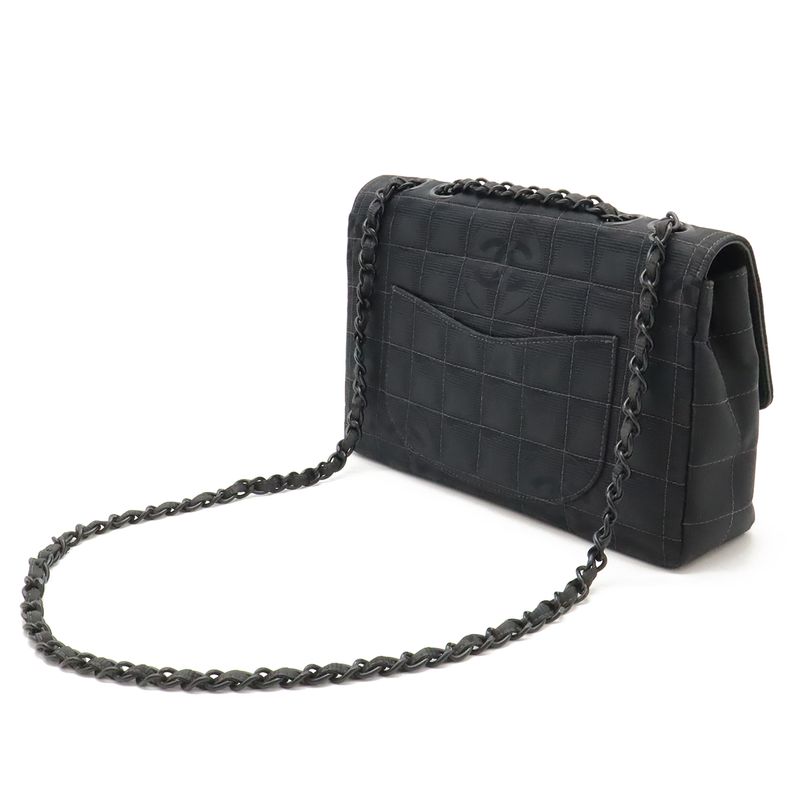 Chanel New Travel Line Chain Bag Shoulder Bag 2WAY Nylon Jacquard Leather Black