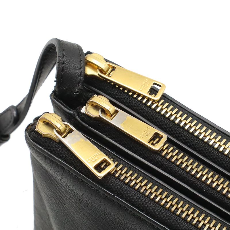 Celine Trio Small Shoulder Bag Shoulder Pouch Pochette Crossbody Leather Black