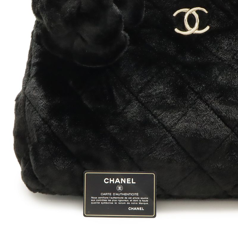 Chanel Camellia Quilted Chain Shoulder Tote Bag Faux Fur Patent Leather Black