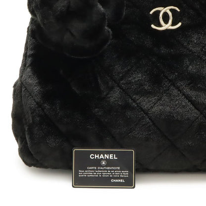 Chanel Camellia Quilted Chain Shoulder Tote Bag Faux Fur Patent Leather Black
