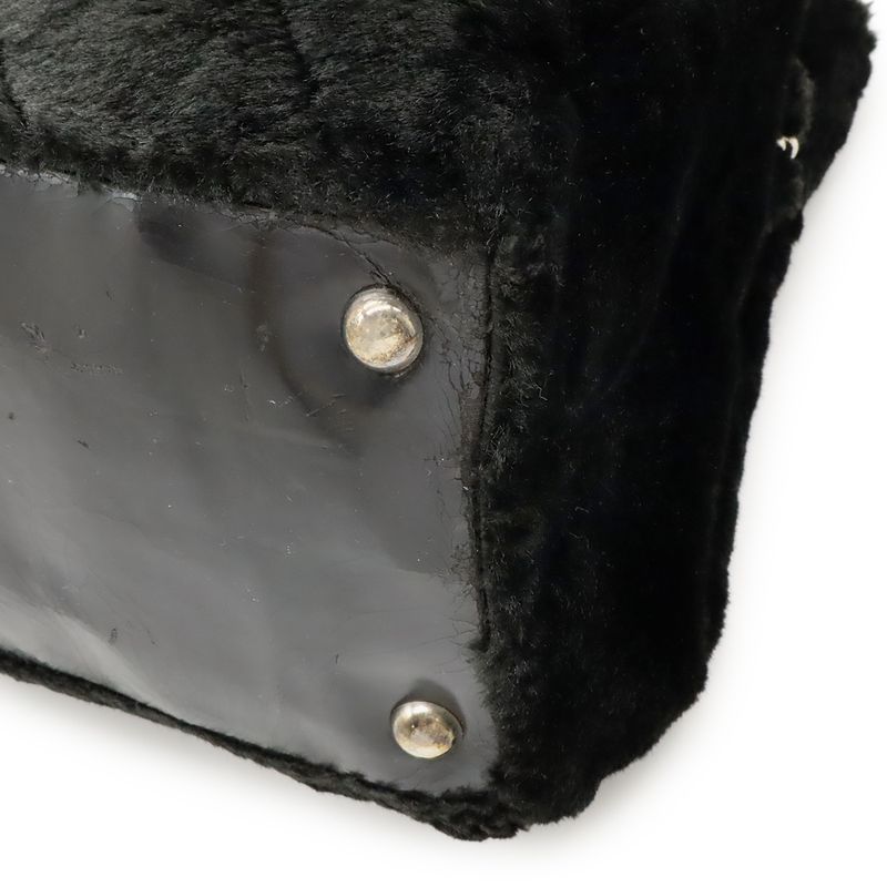 Chanel Camellia Quilted Chain Shoulder Tote Bag Faux Fur Patent Leather Black