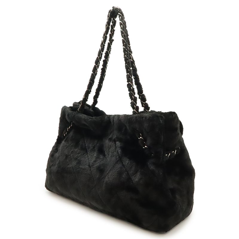 Chanel Camellia Quilted Chain Shoulder Tote Bag Faux Fur Patent Leather Black