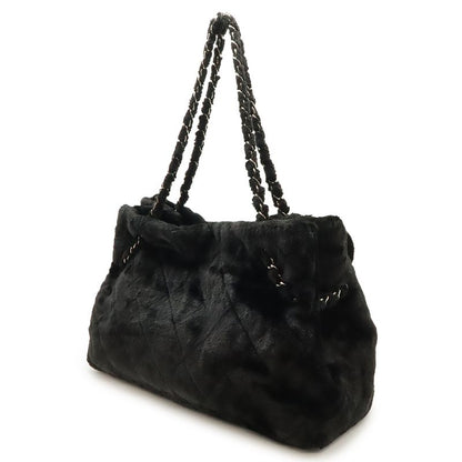Chanel Camellia Quilted Chain Shoulder Tote Bag Faux Fur Patent Leather Black