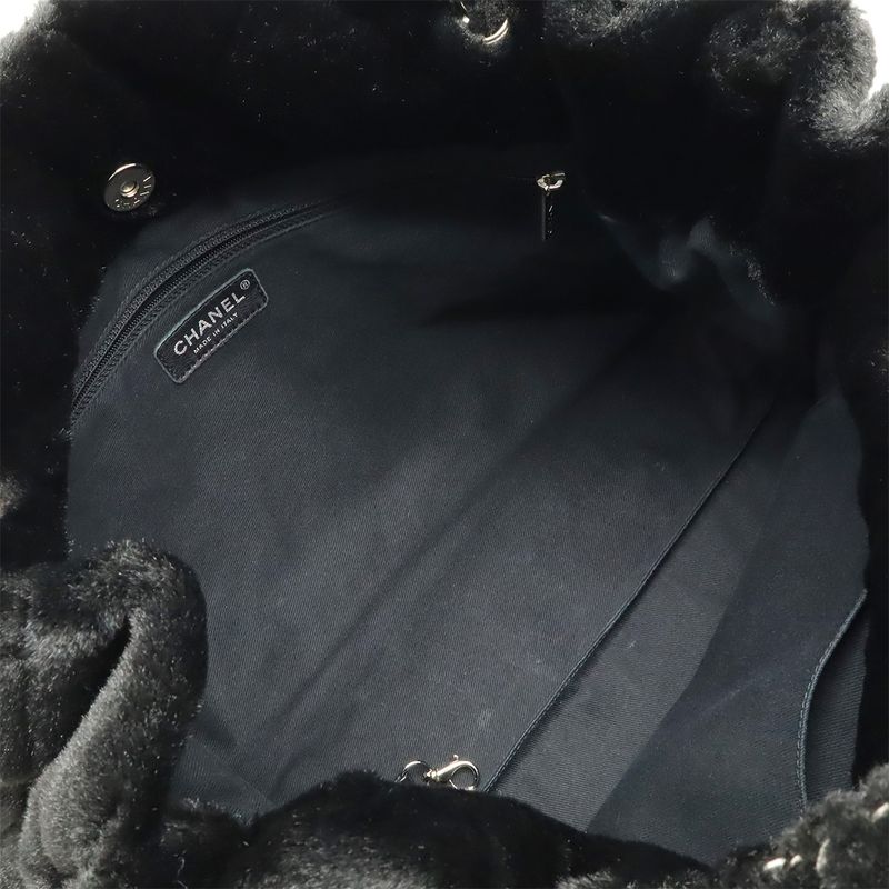 Chanel Camellia Quilted Chain Shoulder Tote Bag Faux Fur Patent Leather Black