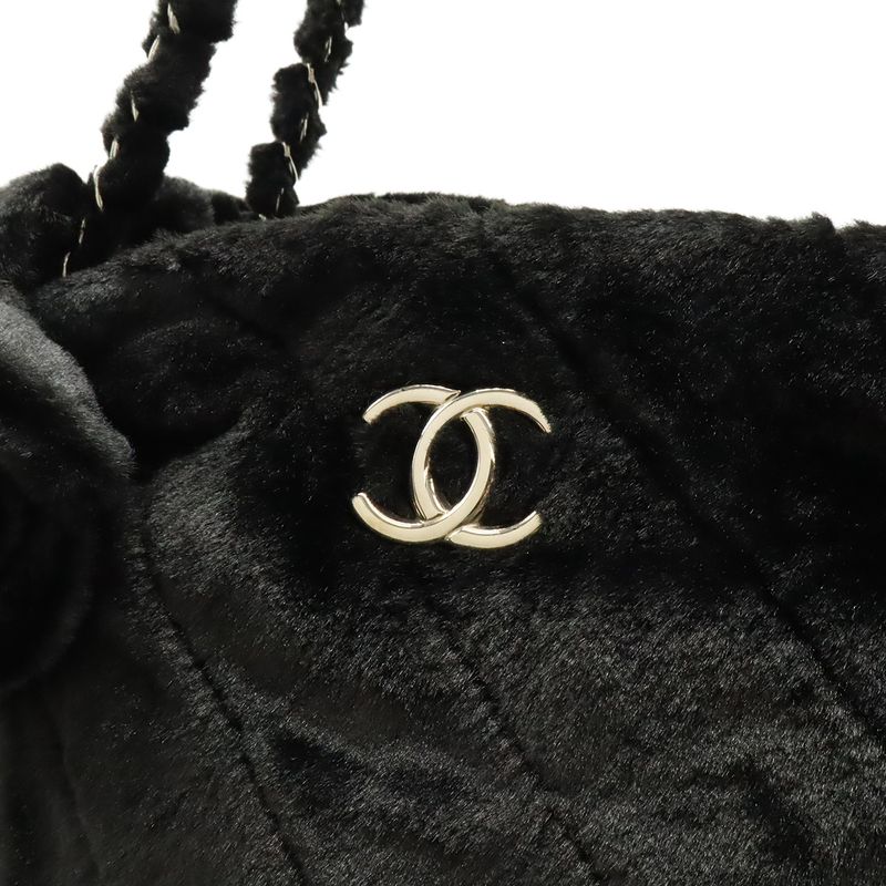 Chanel Camellia Quilted Chain Shoulder Tote Bag Faux Fur Patent Leather Black