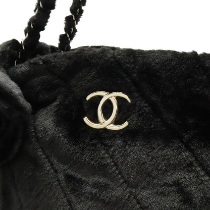 Chanel Camellia Quilted Chain Shoulder Tote Bag Faux Fur Patent Leather Black